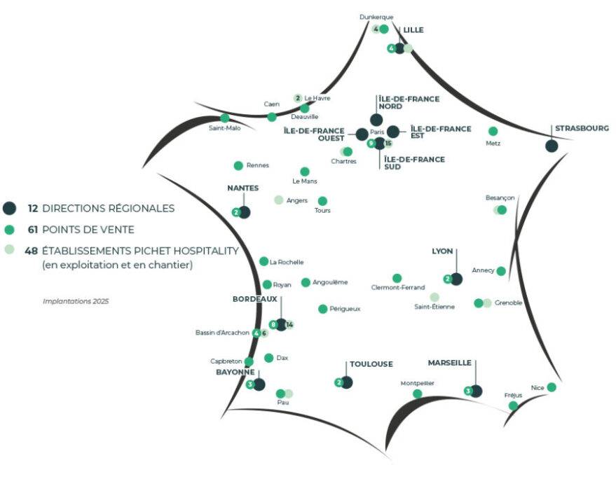 La carte du réseau national du groupe Pichet et son implantation de directions régionales, d'agences immobilières et d'établissements hôteliers.